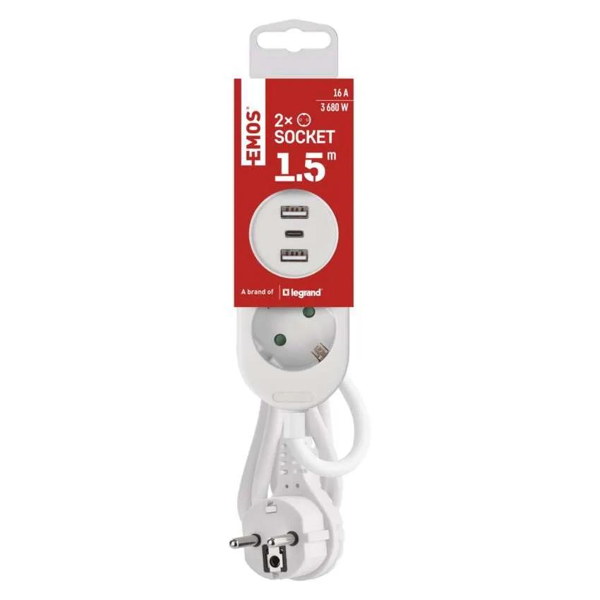 Steckdosenleiste 2-fach mit Ladefunktion 2×USB A, 1×USB C,  1,5m weiss 17W,EMOS,P0221U, 8592920129548