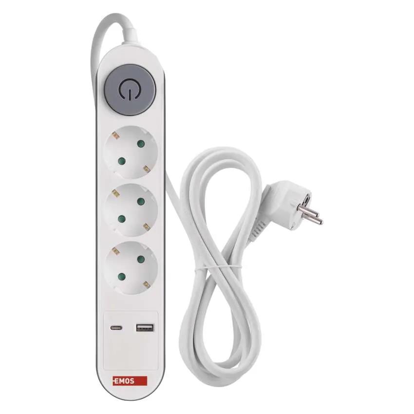 Steckdosenleiste 3-fach mit Ladefunktion 1×USB A, 1×USB C,  2m 17W,EMOS,P1322PD, 8592920132760