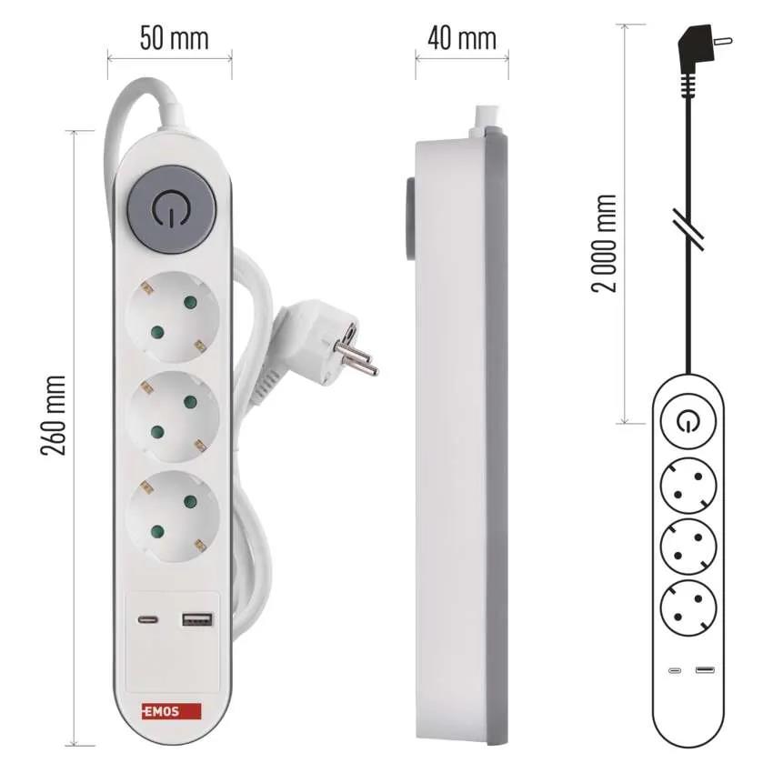 Steckdosenleiste 3-fach mit Ladefunktion 1×USB A, 1×USB C,  2m 17W,EMOS,P1322PD, 8592920132760