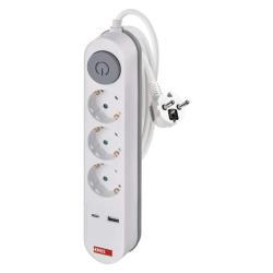 Steckdosenleiste 3-fach mit Ladefunktion 1×USB A, 1×USB C,  2m 17W